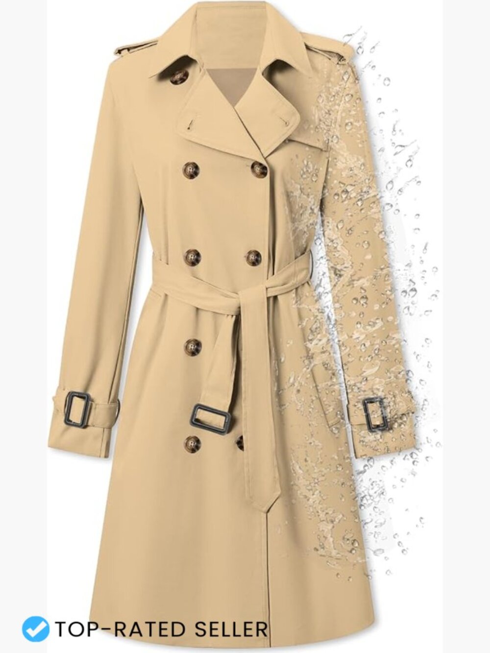 Water-Repellent Double Breasted Trench Coat Belted Lapel Work Minimal Classic
